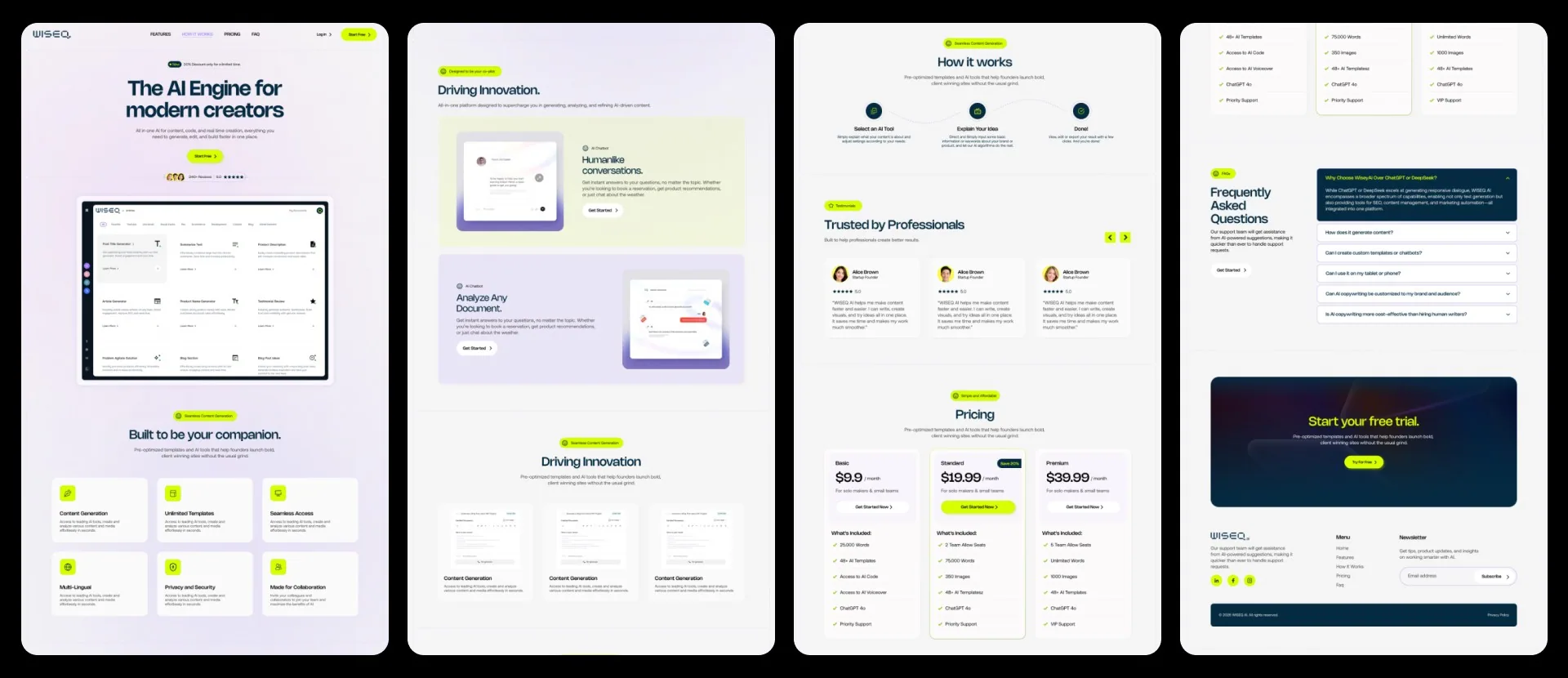 WISEQ AI — hi-fidelity wireframes